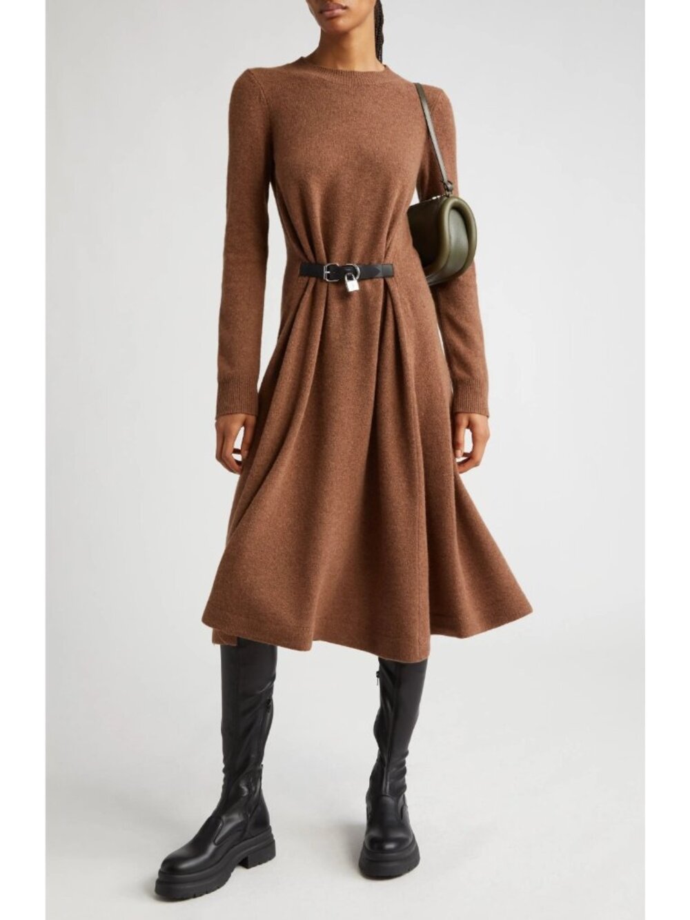 JW Anderson Womens Padlock Belt Long Sleeve Wool Sweater Midi Dress Brown Size M